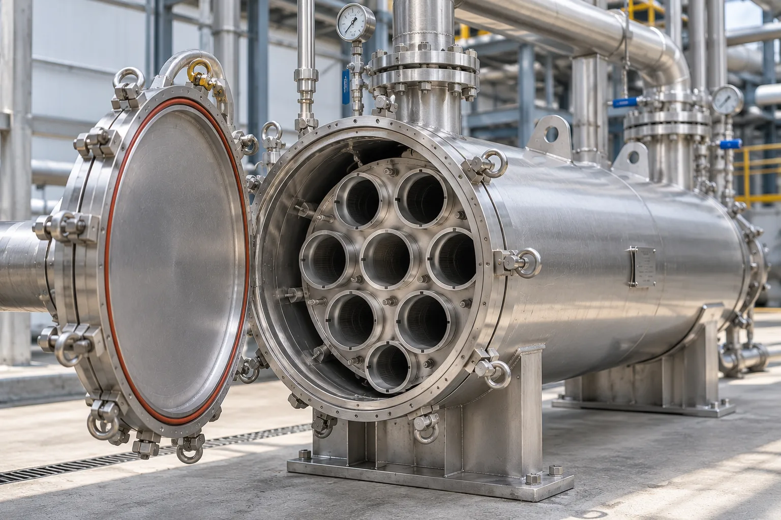 Horizontal high flow cartridge filter housing with an open access cover and multiple cartridge mounting ports in an industrial filtration facility.