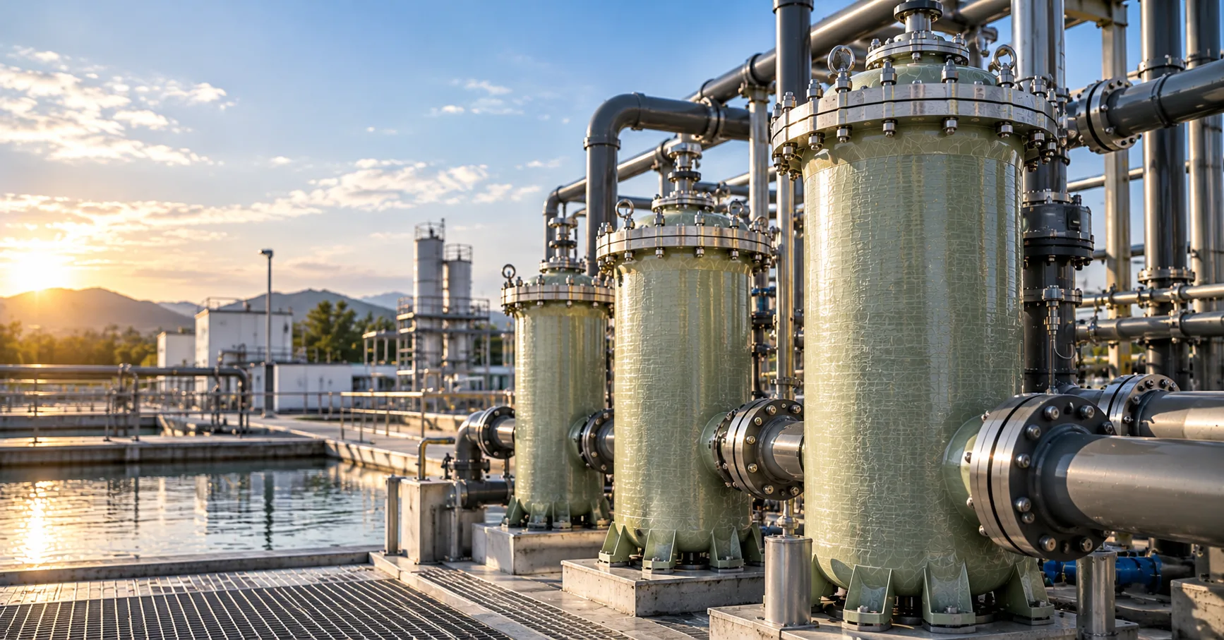 FRP filter housings installed in an industrial water treatment facility, featuring fiberglass-reinforced pressure vessels and filtration piping.