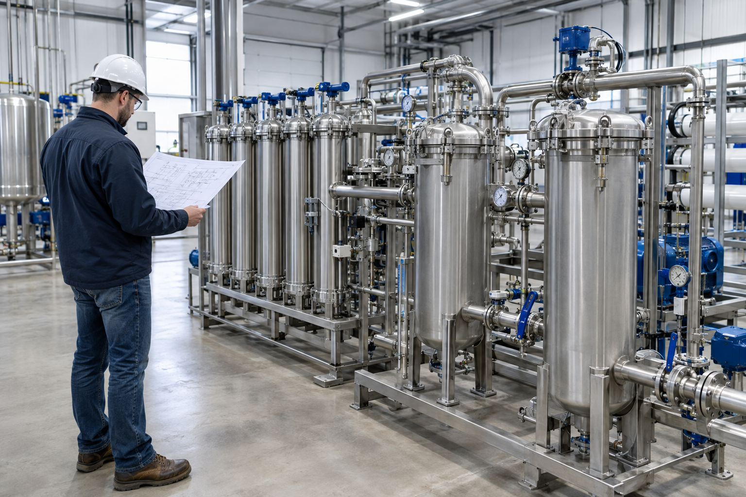 Engineer reviewing industrial filtration equipment and process piping