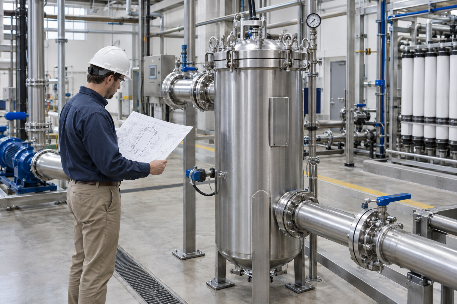 Engineer reviewing a stainless steel high-flow cartridge filter housing in an industrial water-treatment facility