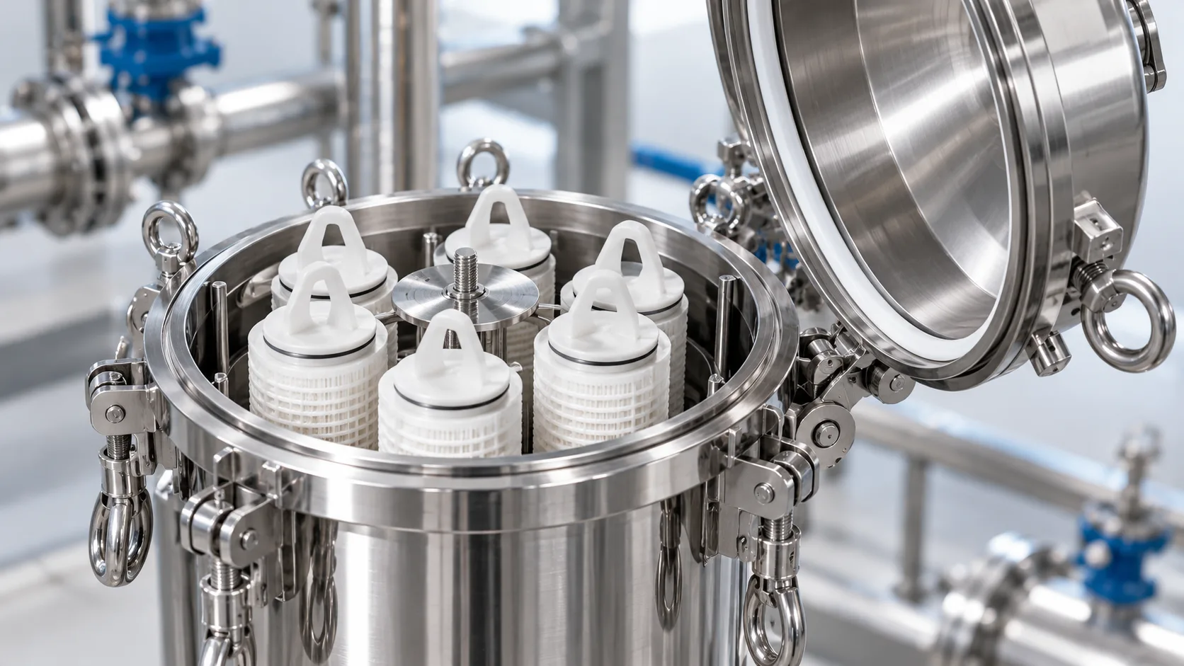 Open stainless steel multi-cartridge filter housing showing internal filter cartridges and housing construction
